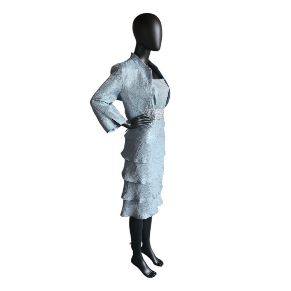 Metallic Seafoam Blue Tiered Cocktail Dress W/Jacket - R & M Richards